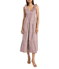 The Good Journey Ruffle V-Neck Smocked Back Tiered Cotton Poplin Midi Dress