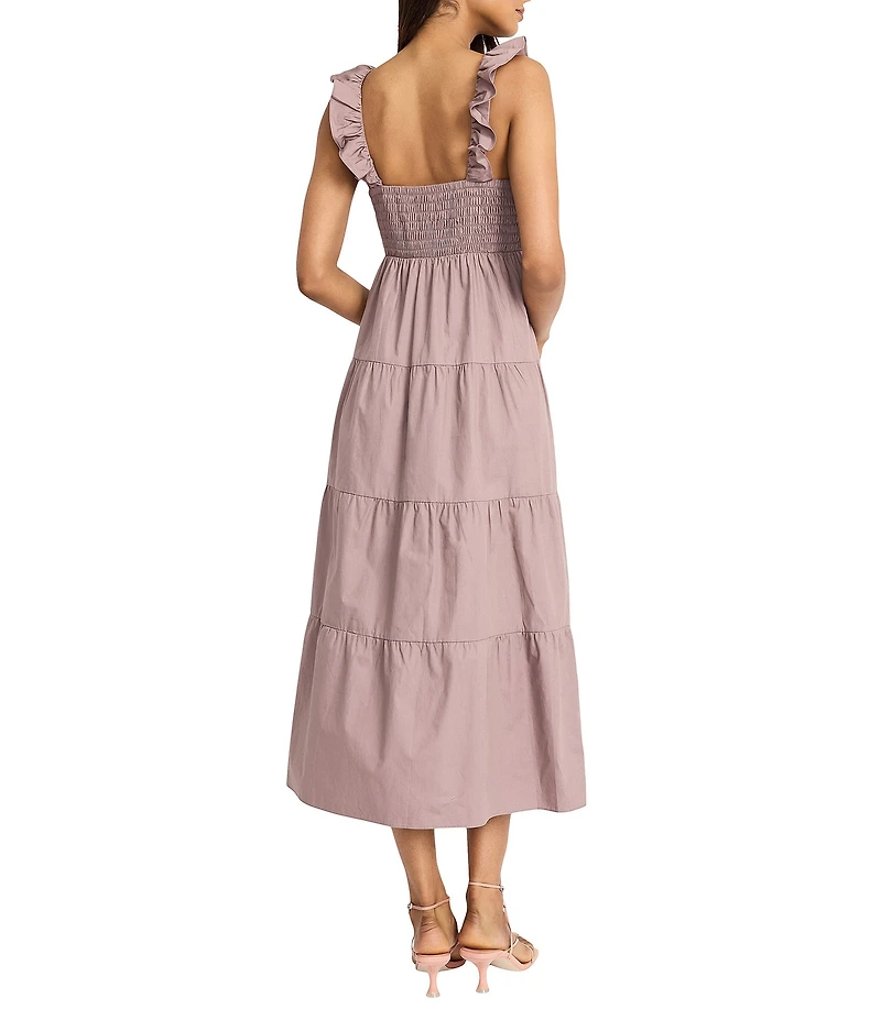 The Good Journey Ruffle V-Neck Smocked Back Tiered Cotton Poplin Midi Dress
