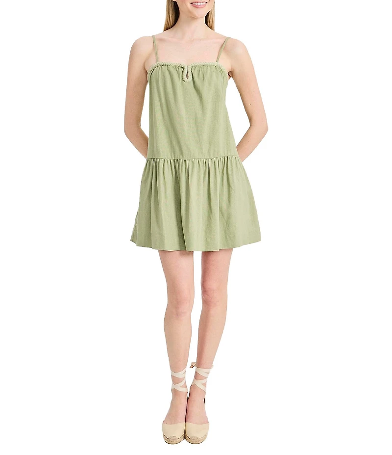 The Good Journey Linen Blend Square Keyhole Neckline Sleeveless Tired Sheath Mini Dress