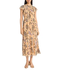 The Good Journey Smocked Mock Neck Ruffle Shoulder Floral Yoryu A-Line Midi Dress