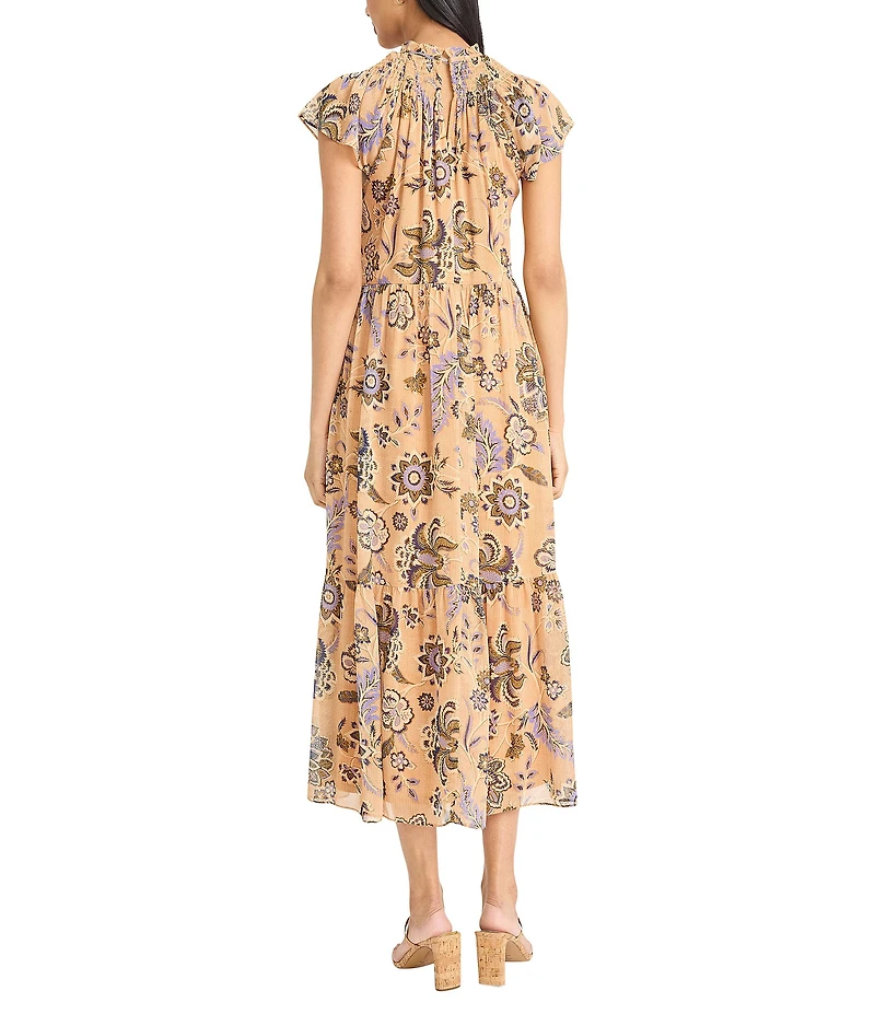 The Good Journey Smocked Mock Neck Ruffle Shoulder Floral Yoryu A-Line Midi Dress