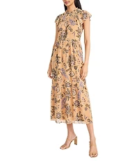 The Good Journey Smocked Mock Neck Ruffle Shoulder Floral Yoryu A-Line Midi Dress