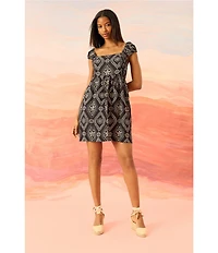 The Good Journey Square Neck Smocked Embroidered Mini Sheath Dress