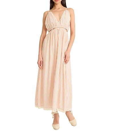 The Good Journey Striped Cutout Sleeveless V-Neck Woven Maxi Dress