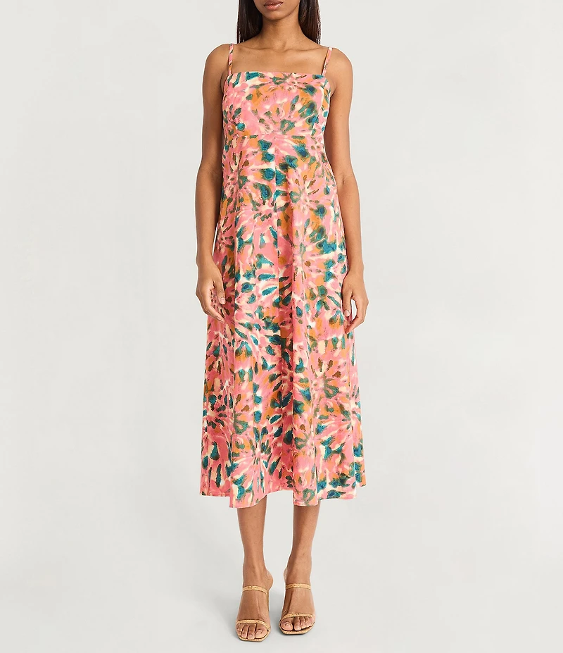 The Good Journey Tie Dye Cotton Poplin Square Neck Smocked A-Line Midi Dress