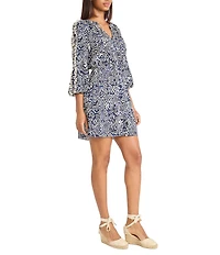 The Good Journey V-Neck 3/4 Sleeve Tie Waist Printed Challis Shift Dress