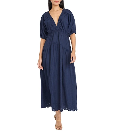 The Good Journey V-neck Puff Sleeve Eyelet Maxi Dress