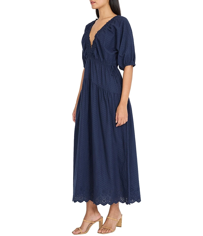 The Good Journey V-neck Puff Sleeve Eyelet Maxi Dress
