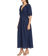 The Good Journey V-neck Puff Sleeve Eyelet Maxi Dress