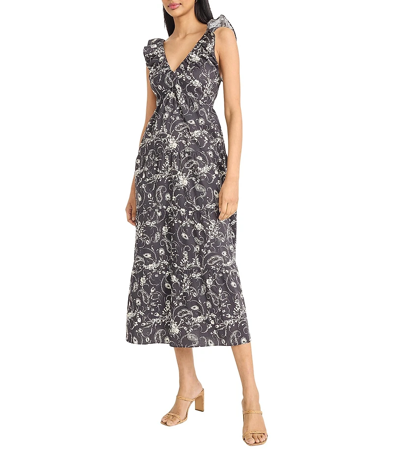 The Good Journey V-Neck Ruffle Shoulder Printed Cotton Poplin A-Line Midi Dress