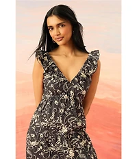 The Good Journey V-Neck Ruffle Shoulder Printed Cotton Poplin A-Line Midi Dress