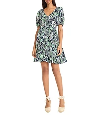 The Good Journey V-Neck Short Sleeve Floral Printed Challis Flounce Hem A-Line Dress