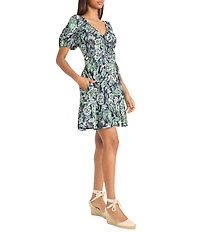 The Good Journey V-Neck Short Sleeve Floral Printed Challis Flounce Hem A-Line Dress