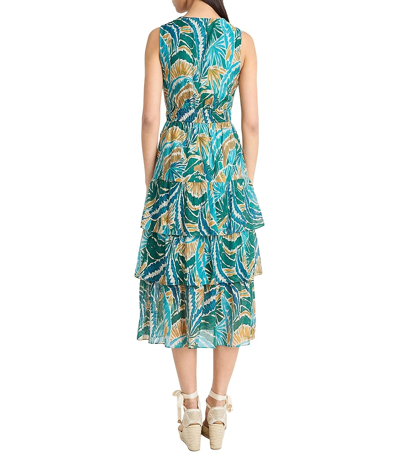 The Good Journey V-Neck Sleeveless Abstract Tropical Print Voile Tiered Voile A-Line Midi Dress