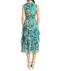 The Good Journey V-Neck Sleeveless Abstract Tropical Print Voile Tiered Voile A-Line Midi Dress