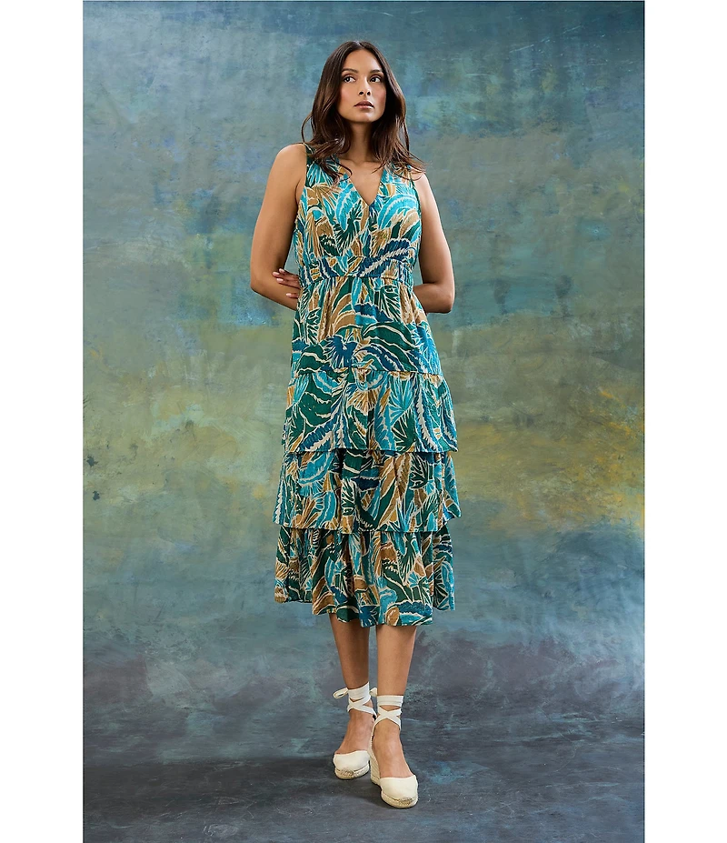 The Good Journey V-Neck Sleeveless Abstract Tropical Print Voile Tiered Voile A-Line Midi Dress