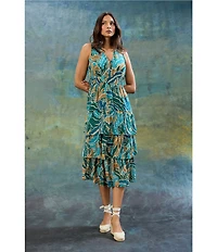 The Good Journey V-Neck Sleeveless Abstract Tropical Print Voile Tiered Voile A-Line Midi Dress