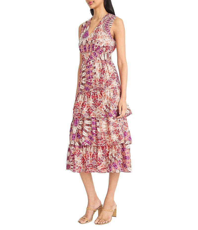 The Good Journey V-Neck Sleeveless Printed Gauze Tiered Ruffle Midi Dress