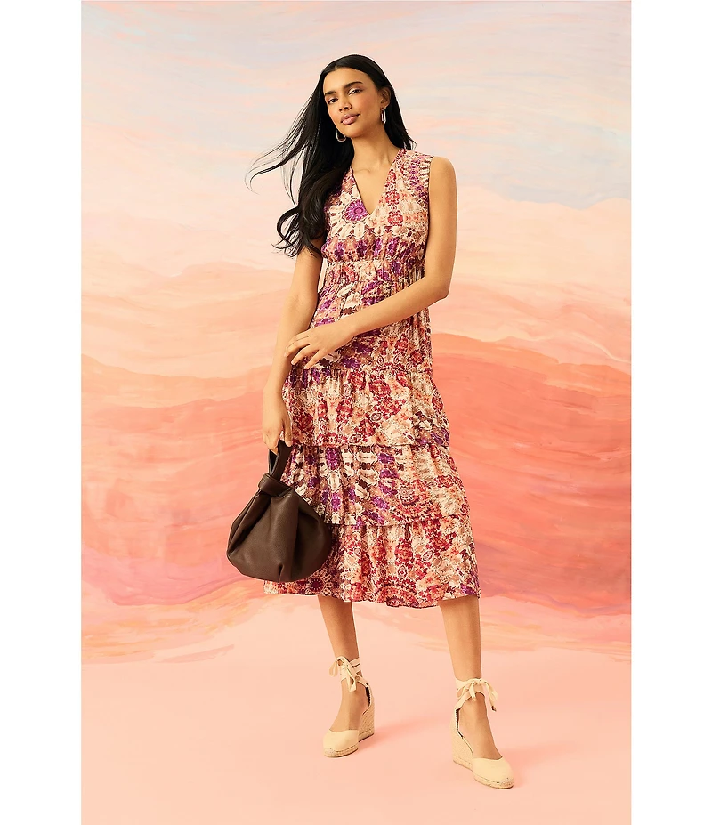 The Good Journey V-Neck Sleeveless Printed Gauze Tiered Ruffle Midi Dress