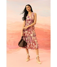 The Good Journey V-Neck Sleeveless Printed Gauze Tiered Ruffle Midi Dress