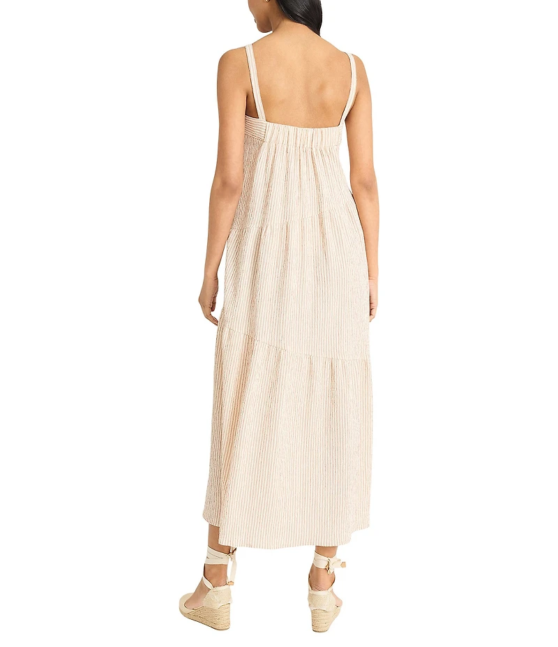 The Good Journey Woven Stripe Square Neck Asymmetrical Tiered Shift Midi Dress