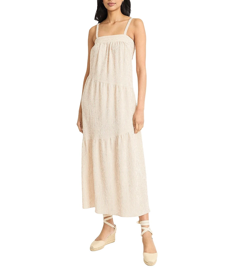 The Good Journey Woven Stripe Square Neck Asymmetrical Tiered Shift Midi Dress