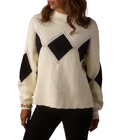 The Normal Brand Celeste Argyle Pattern Merino Wool Blend Mock Neck Dropped Shoulder Knit Sweater