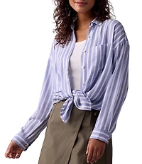 The Normal Brand Freshwater Overshirt Stripe Print Point Collar Long Sleeve Button Front Top