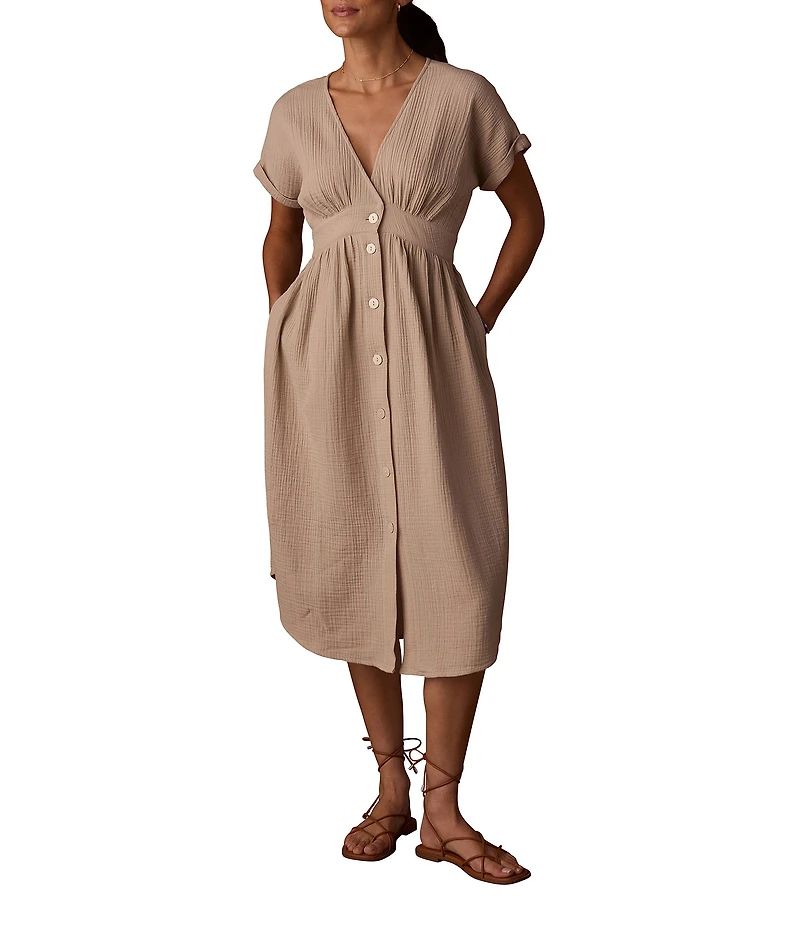 The Normal Brand Kalo Cotton Double Gauze Deep V-Neck Dolman Sleeves Button Front Midi Dress