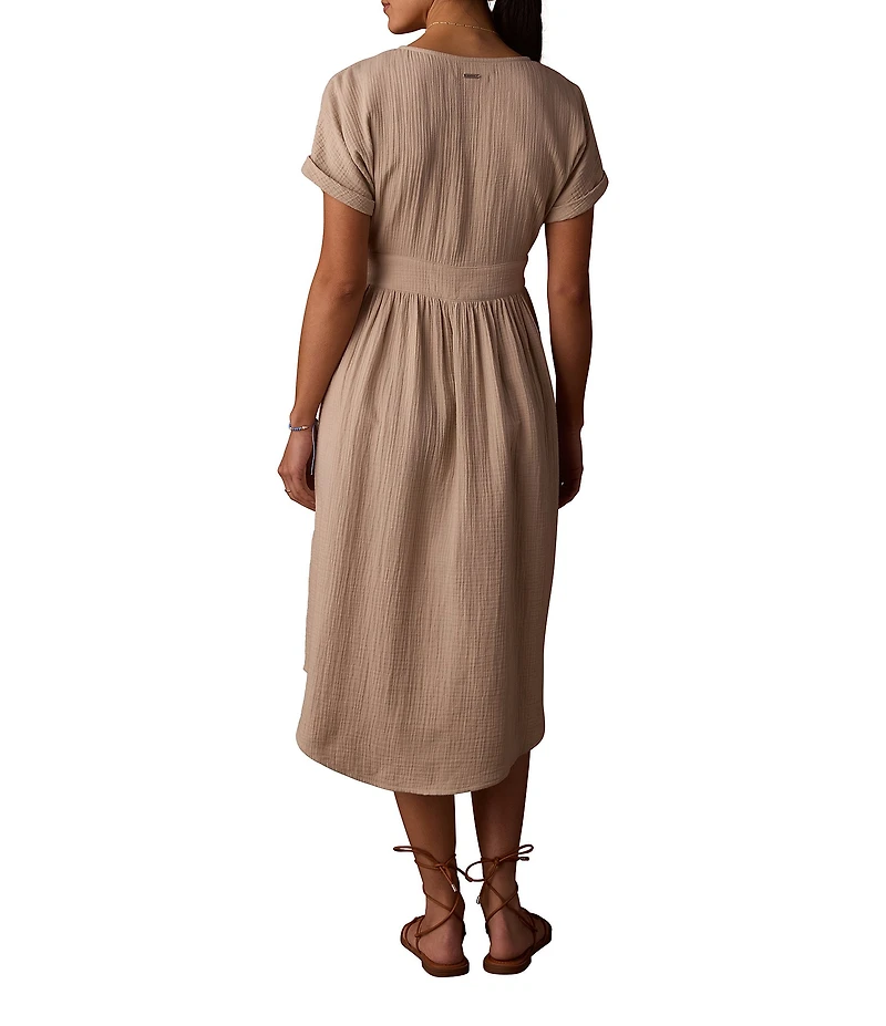 The Normal Brand Kalo Cotton Double Gauze Deep V-Neck Dolman Sleeves Button Front Midi Dress