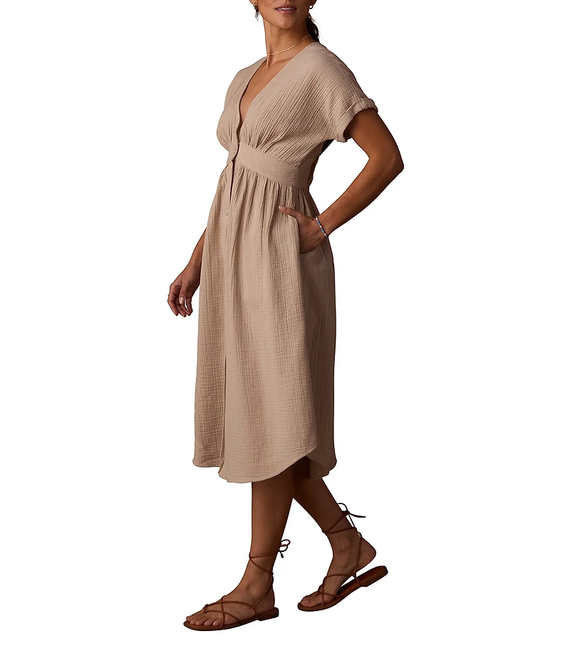 The Normal Brand Kalo Cotton Double Gauze Deep V-Neck Dolman Sleeves Button Front Midi Dress