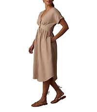 The Normal Brand Kalo Cotton Double Gauze Deep V-Neck Dolman Sleeves Button Front Midi Dress