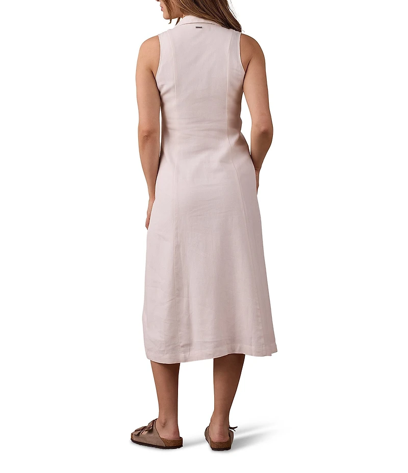 The Normal Brand Leukos Linen-Blend Collared Lapel Sleeveless Button Front Midi Shirt Dress