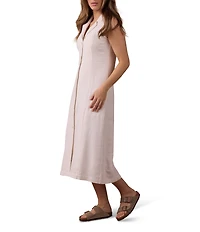 The Normal Brand Leukos Linen-Blend Collared Lapel Sleeveless Button Front Midi Shirt Dress