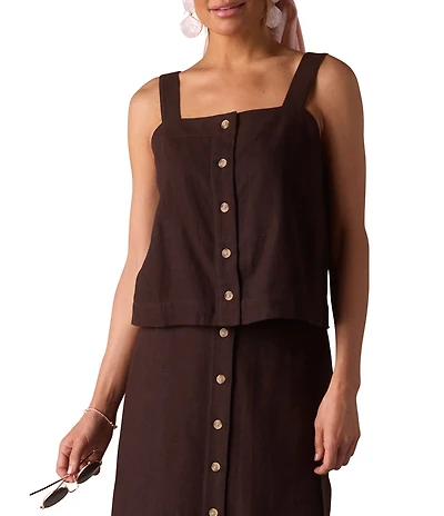 The Normal Brand Leukos Linen Blend Square Neck Button Front Tank