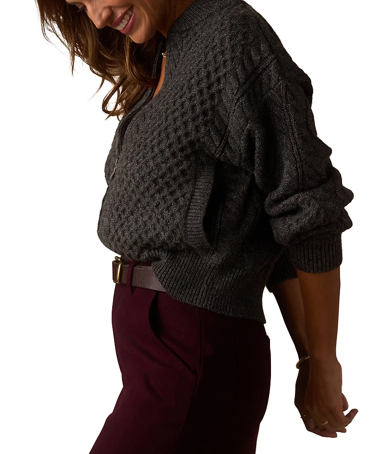 The Normal Brand Merino Wool Blend Mixed Cable Knit Crew Neck Bell Sleeves Zip Front Bomber