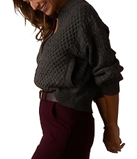 The Normal Brand Merino Wool Blend Mixed Cable Knit Crew Neck Bell Sleeves Zip Front Bomber