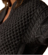 The Normal Brand Merino Wool Blend Mixed Cable Knit Crew Neck Bell Sleeves Zip Front Bomber