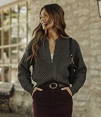 The Normal Brand Merino Wool Blend Mixed Cable Knit Crew Neck Bell Sleeves Zip Front Bomber