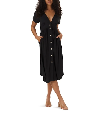 The Normal Brand V Neckline Short Sleeve Button Front Midi Dress