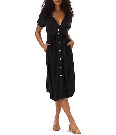 The Normal Brand V Neckline Short Sleeve Button Front Midi Dress