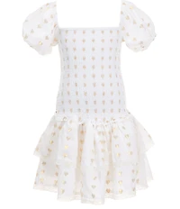 Theme NYC Big Girls Lexi Gold Dotted Cap Sleeve Satin Smocked Bodice Ruffle Tiered Dress