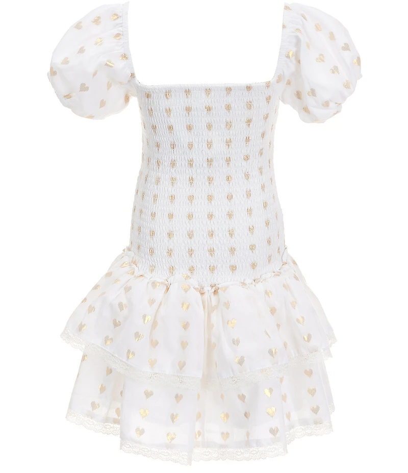 Theme NYC Big Girls Lexi Gold Dotted Cap Sleeve Satin Smocked Bodice Ruffle Tiered Dress