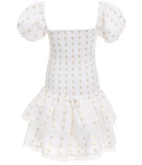 Theme NYC Big Girls Lexi Gold Dotted Cap Sleeve Satin Smocked Bodice Ruffle Tiered Dress