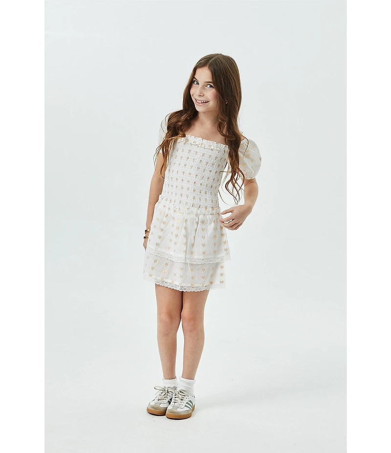 Theme NYC Big Girls Lexi Gold Dotted Cap Sleeve Satin Smocked Bodice Ruffle Tiered Dress