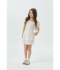 Theme NYC Big Girls Lexi Gold Dotted Cap Sleeve Satin Smocked Bodice Ruffle Tiered Dress