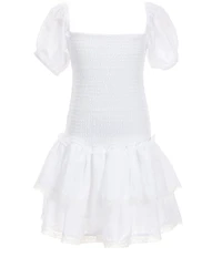 Theme NYC Big Girls Lexi Solid Cap Sleeve Satin Smocked Bodice Ruffle Tiered Dress