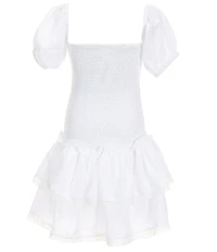 Theme NYC Big Girls Lexi Solid Cap Sleeve Satin Smocked Bodice Ruffle Tiered Dress