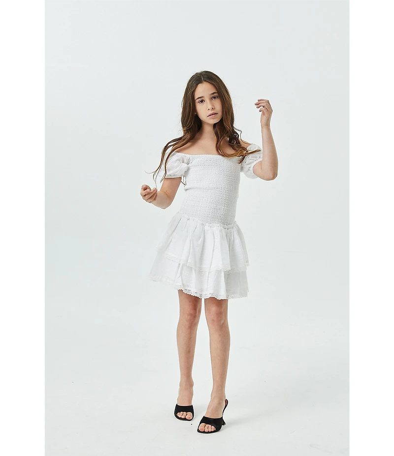 Theme NYC Big Girls Lexi Solid Cap Sleeve Satin Smocked Bodice Ruffle Tiered Dress