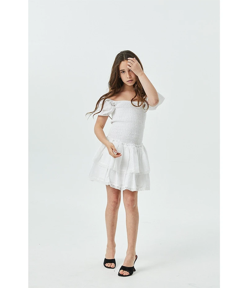 Theme NYC Big Girls Lexi Solid Cap Sleeve Satin Smocked Bodice Ruffle Tiered Dress